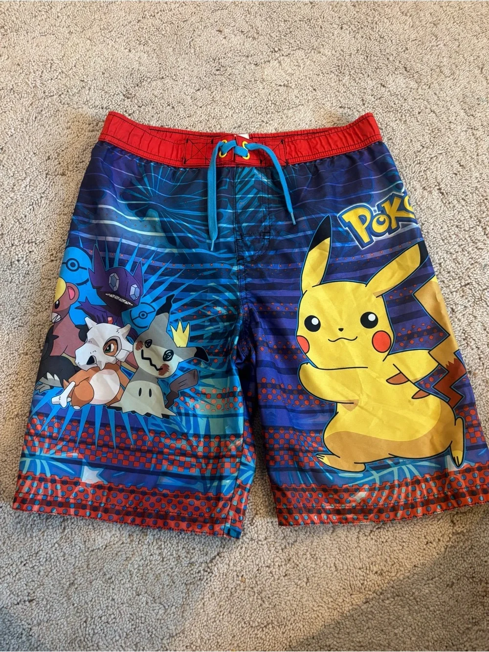 Pikachu Purple Blue Striped Boys Kids Swim Trunks Shorts Palm Trees 2018